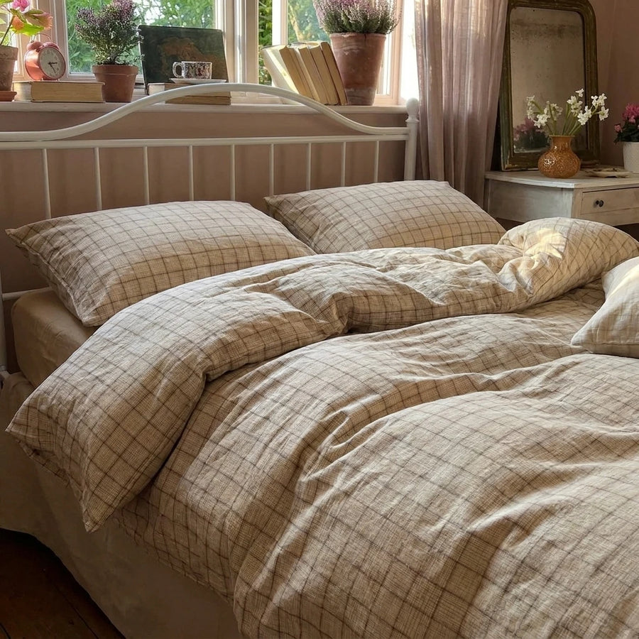 rustic cottagecore oatmeal plaid duvet set warm cosy bedroom