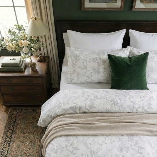 matching earthy botanical leaf and amber blossom print 100 percent cotton pillowcases detail