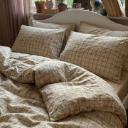 rustic windowpane oatmeal fabric texture close up breathable cotton