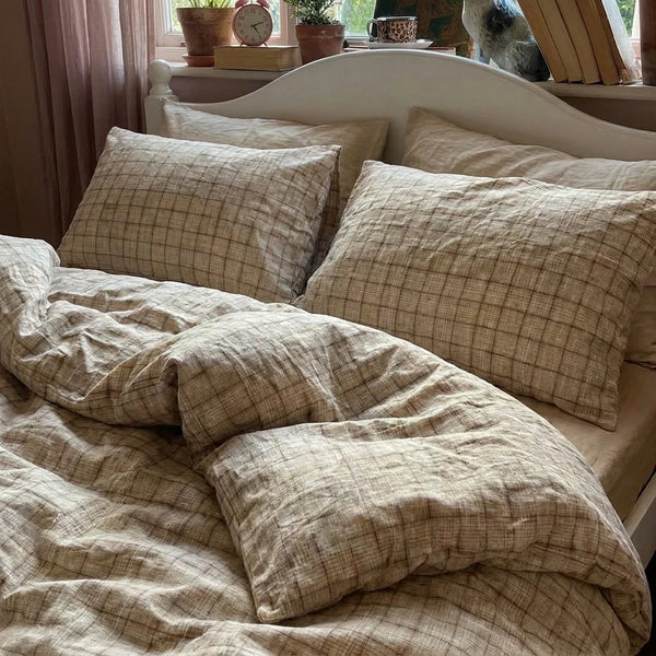 rustic windowpane oatmeal fabric texture close up breathable cotton