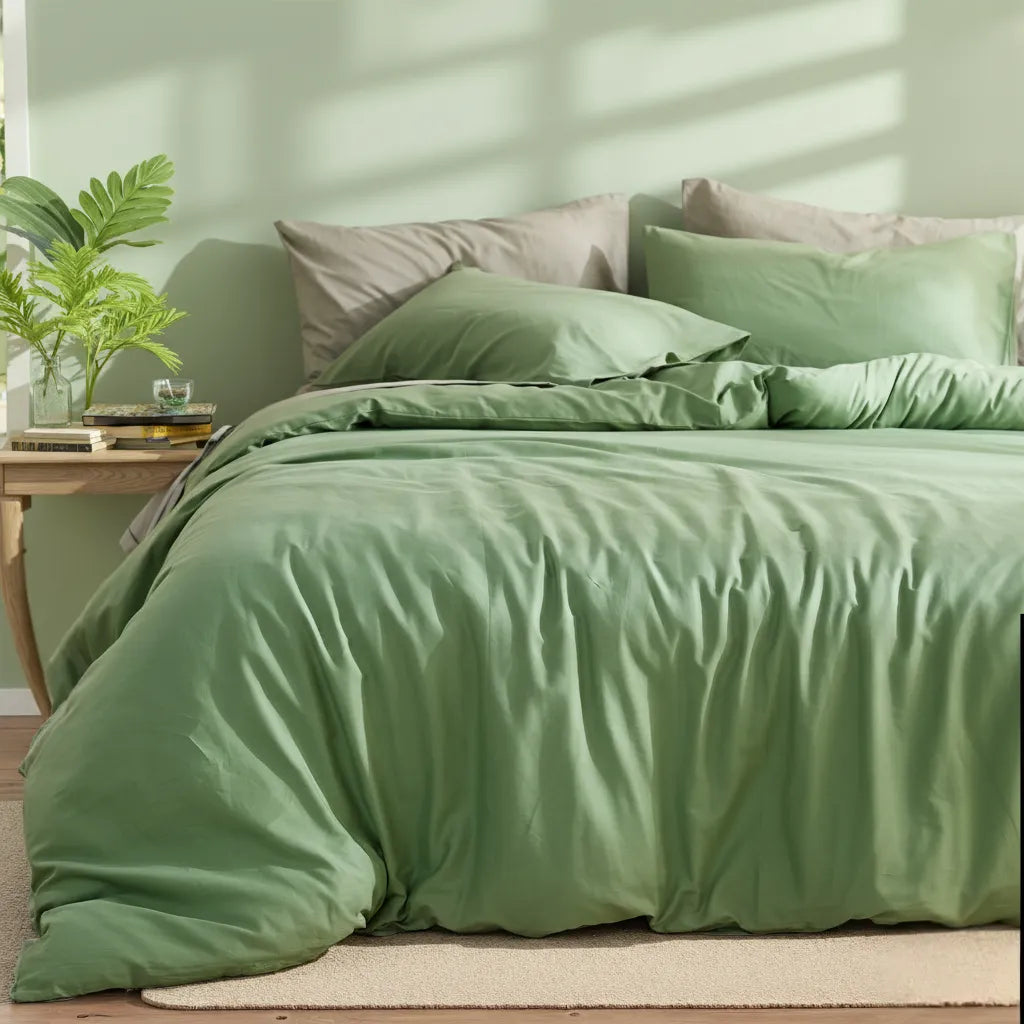 Soft sage green cotton duvet set with pillows, accompanied by a potted plant and woven lamp on a wooden side table.