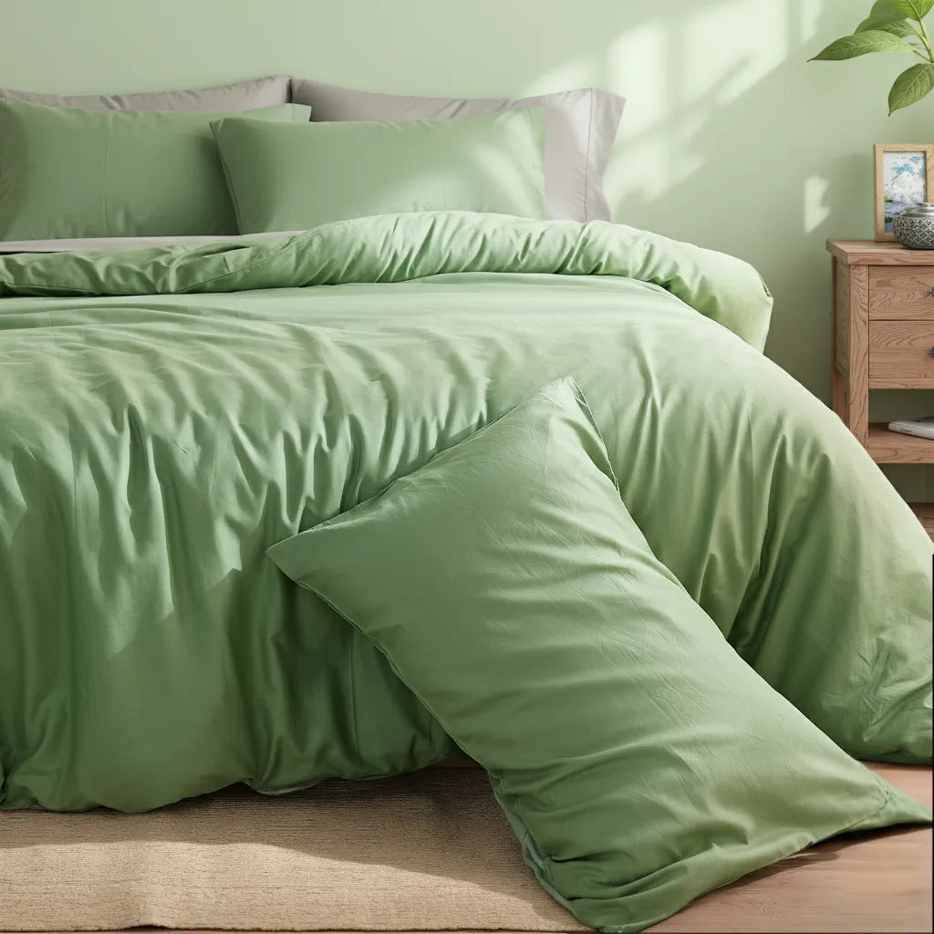 Sage green solid cotton duvet with color-block pillows, beside a nightstand with stacked books and a trailing plant.