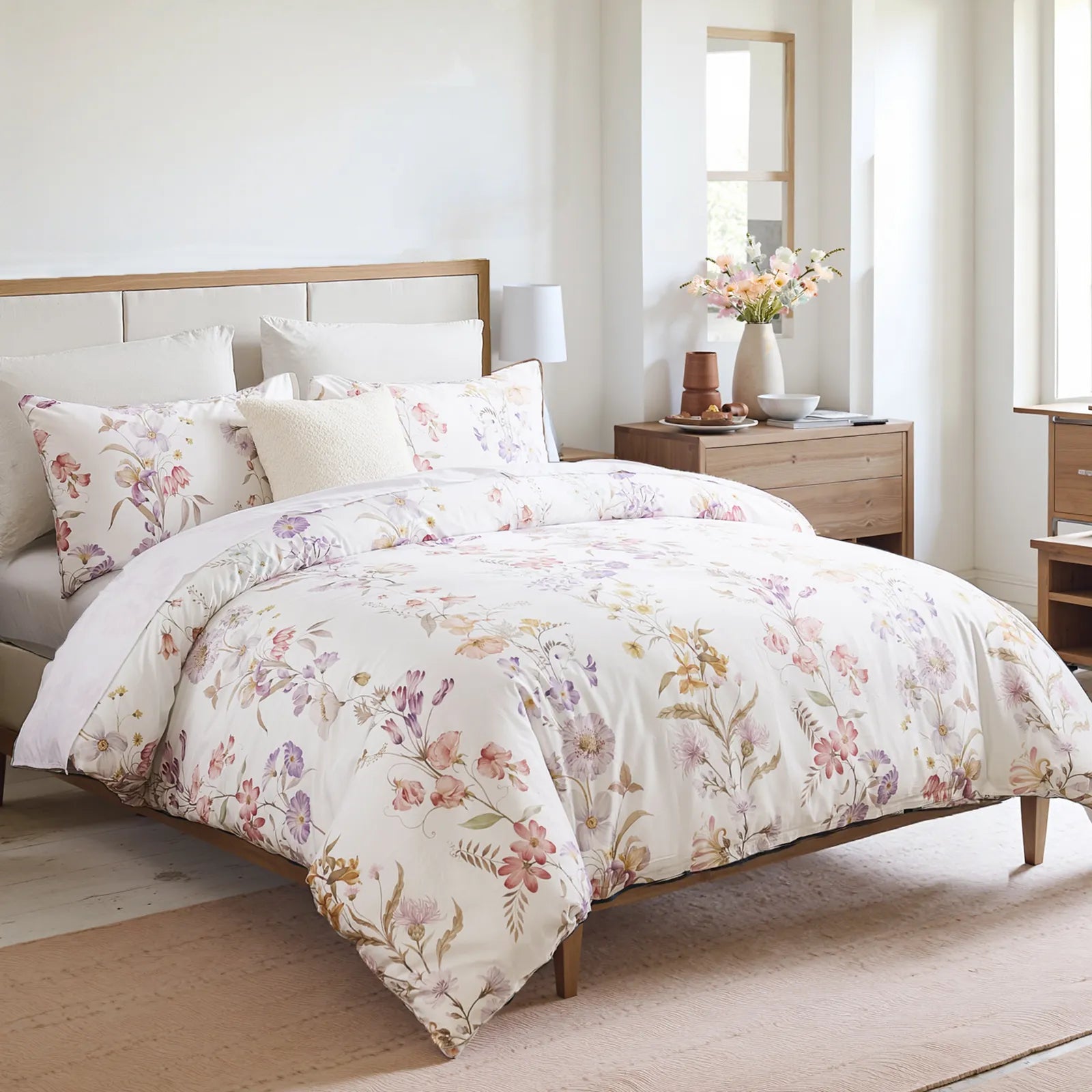 Side view of the floral comforter set showing the pattern on the pillows