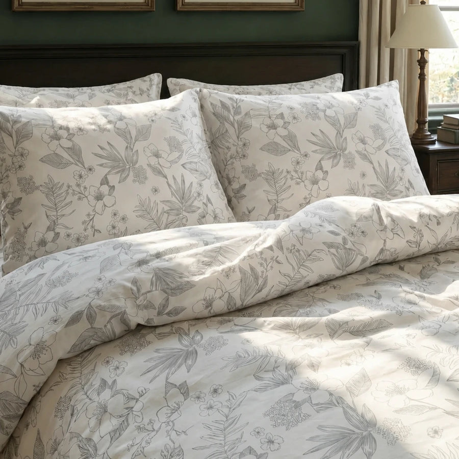 serene charcoal leaf duvet cover set grey botanical line art bedding