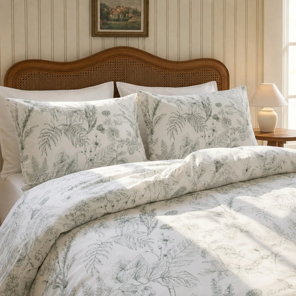 serene sage botanical duvet cover set white green leaf bedding