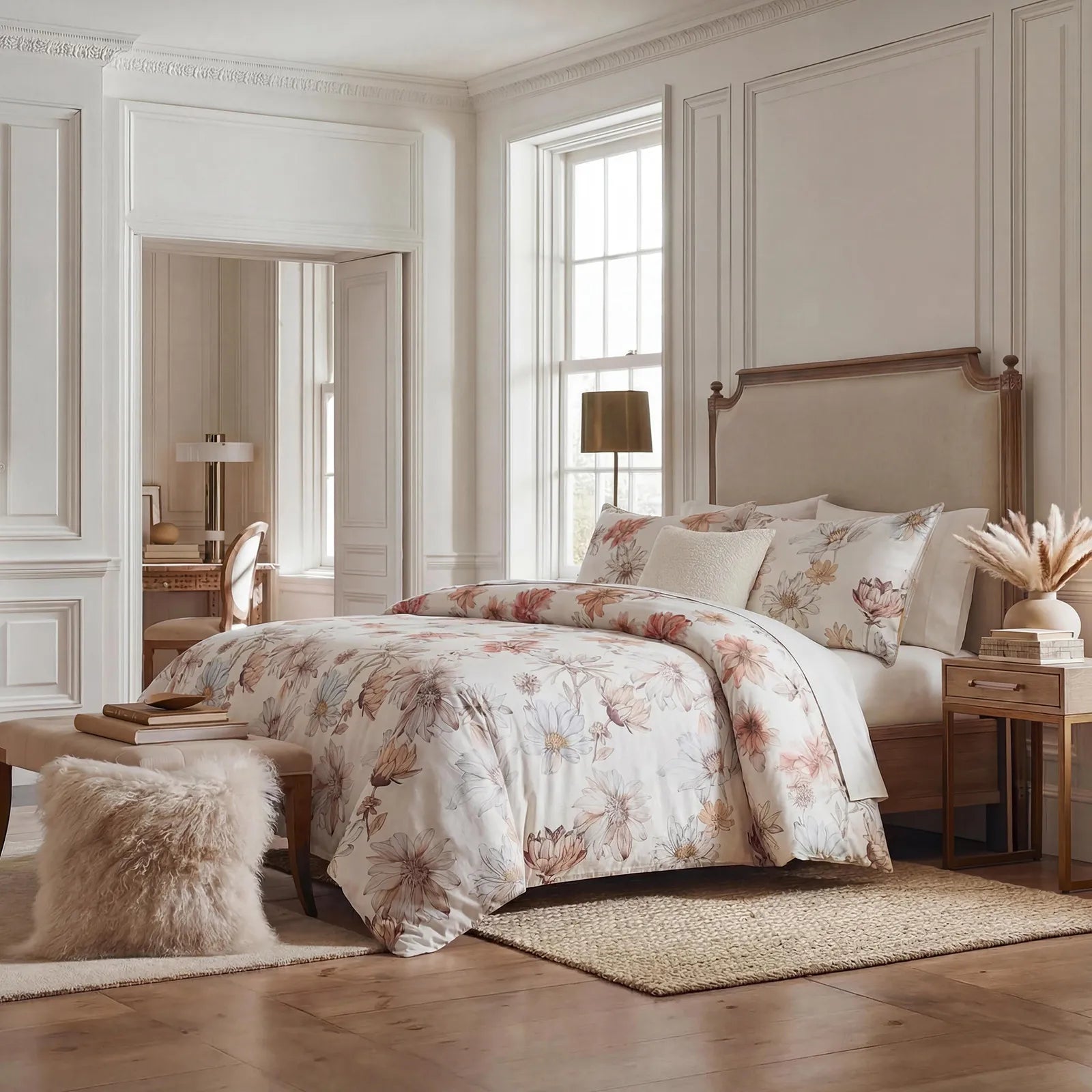 Lifestyle shot of shabby chic floral bedding in a bright elegant room