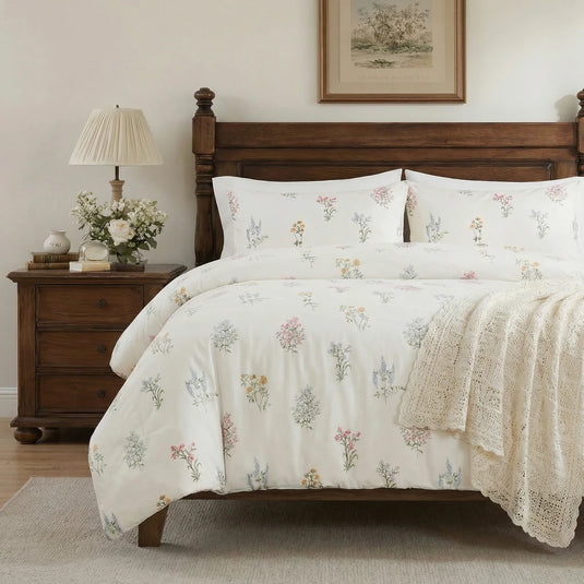 shabby chic wildflower bedding set cream white cotton farmhouse decor