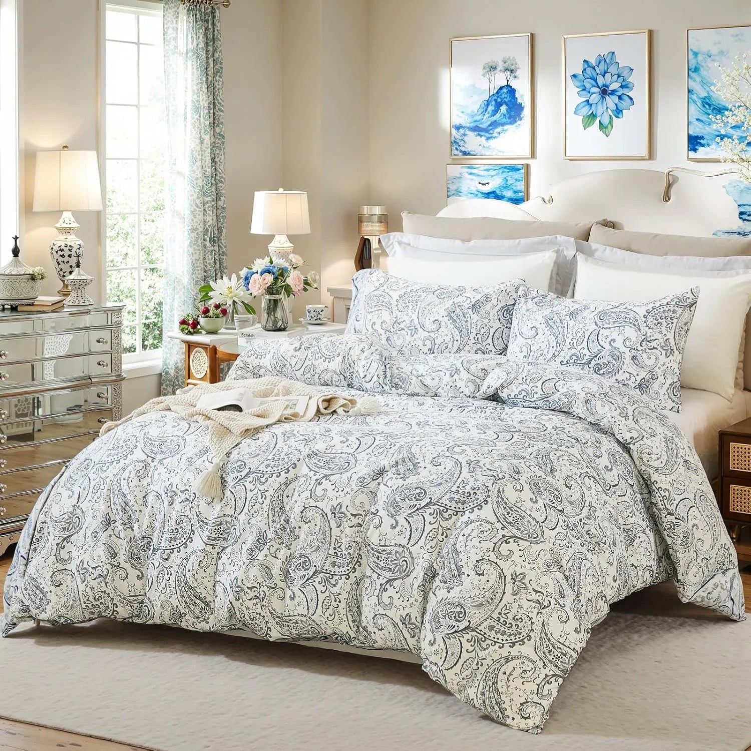 silver paisley comforter in bedroom