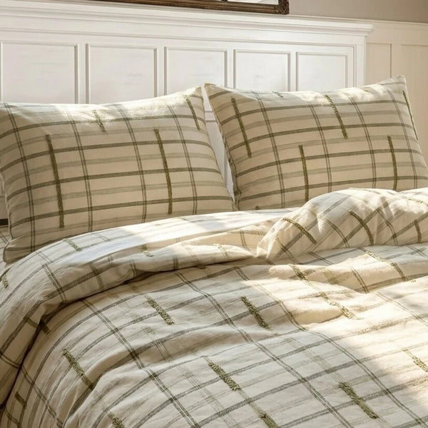 slate horizon linear duvet cover set cream sage green plaid bedding