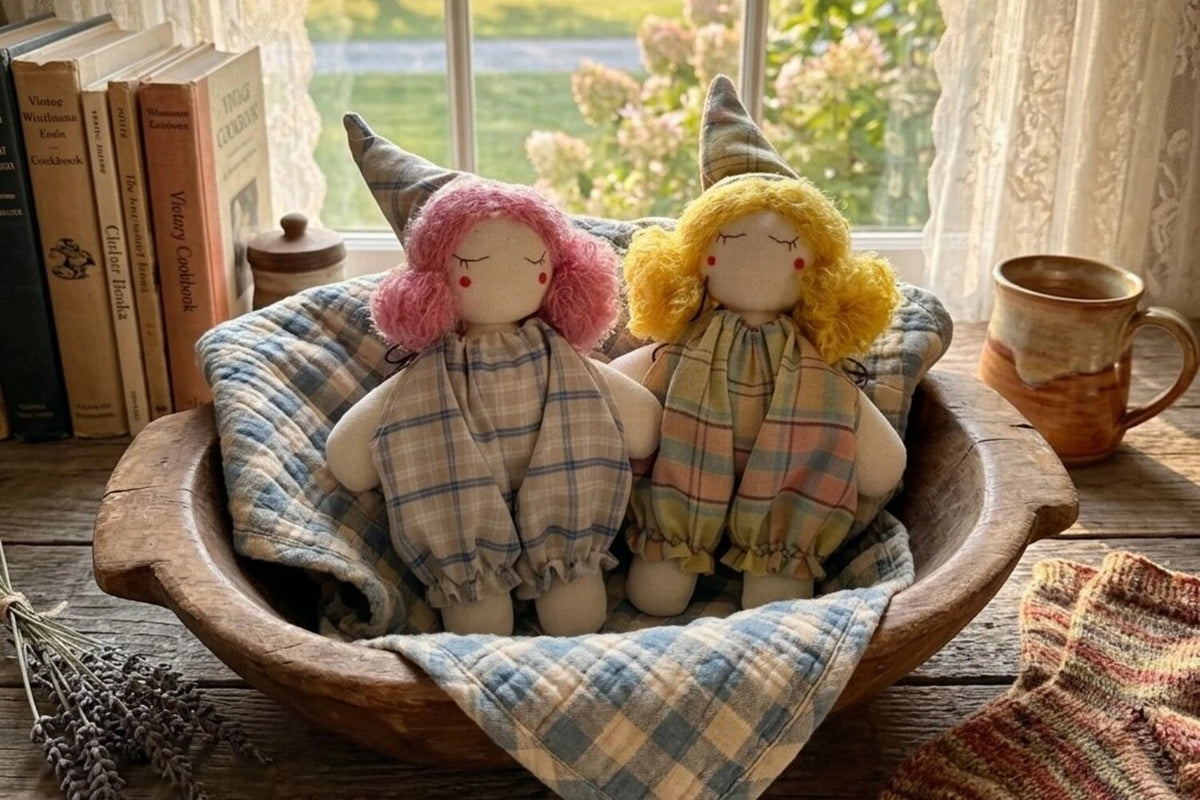 sleeping witch hat dolls wooden bowl farmhouse