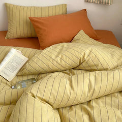 soft breathable yellow pinstripe bed set cotton fabric