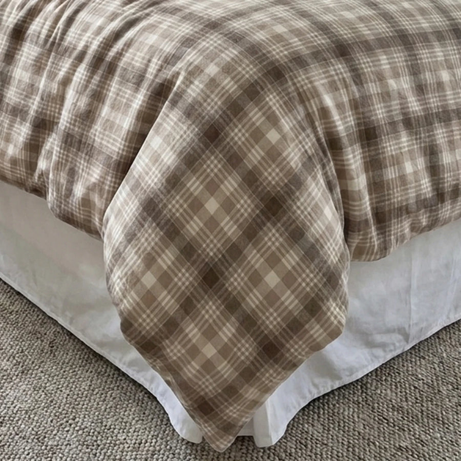 soft cream and taupe plaid duvet set breathable cotton texture
