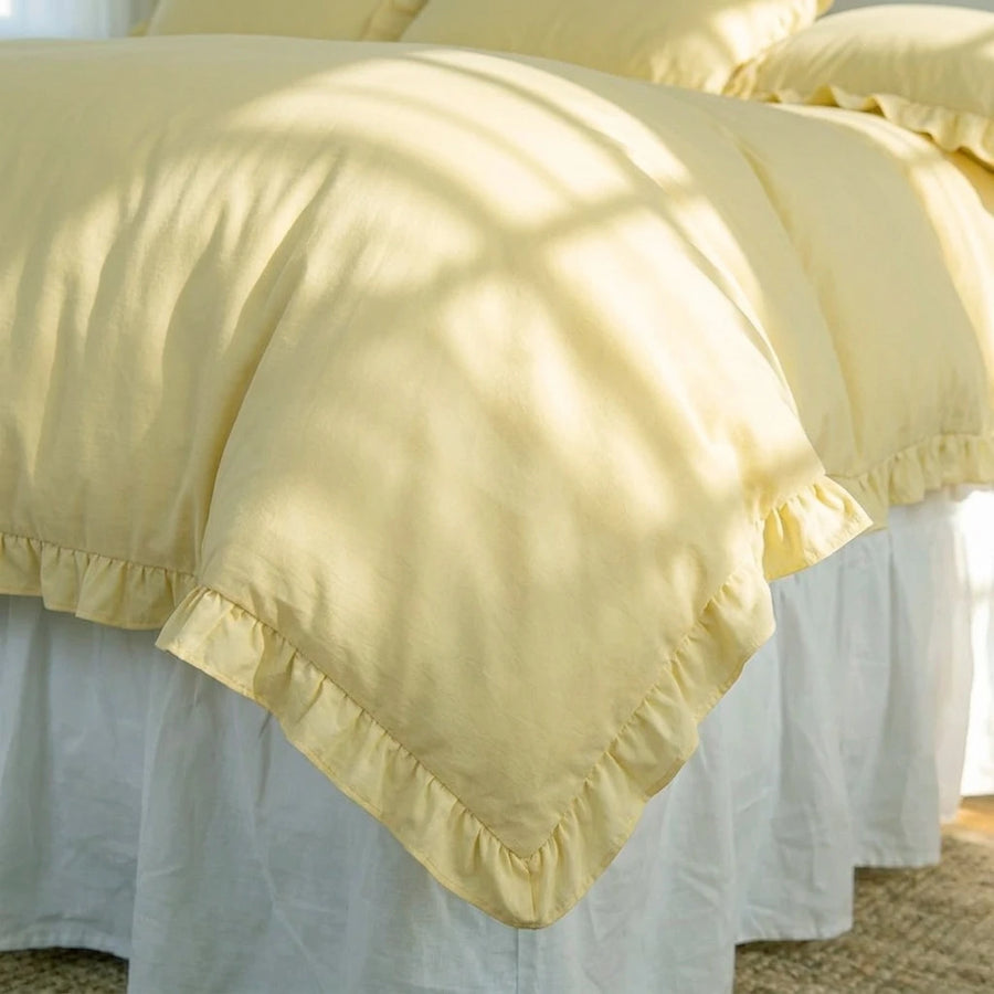 soft yellow ruffled duvet cover corner detail