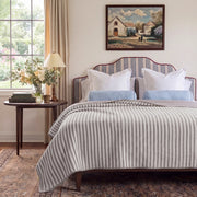 solace yarn dyed quilt charcoal solace striped headboard light blue bolster pillows