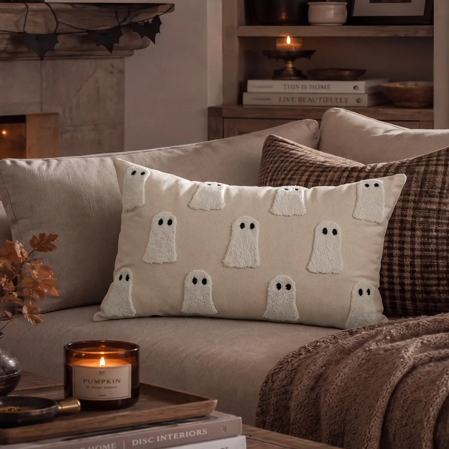 spooky season lumbar throw pillow cover ivory ghost beige sofa decor
