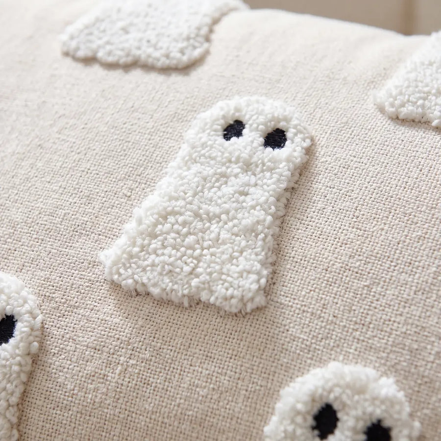 spooky season lumbar throw pillow cover ivory ghost tufted embroidery detail