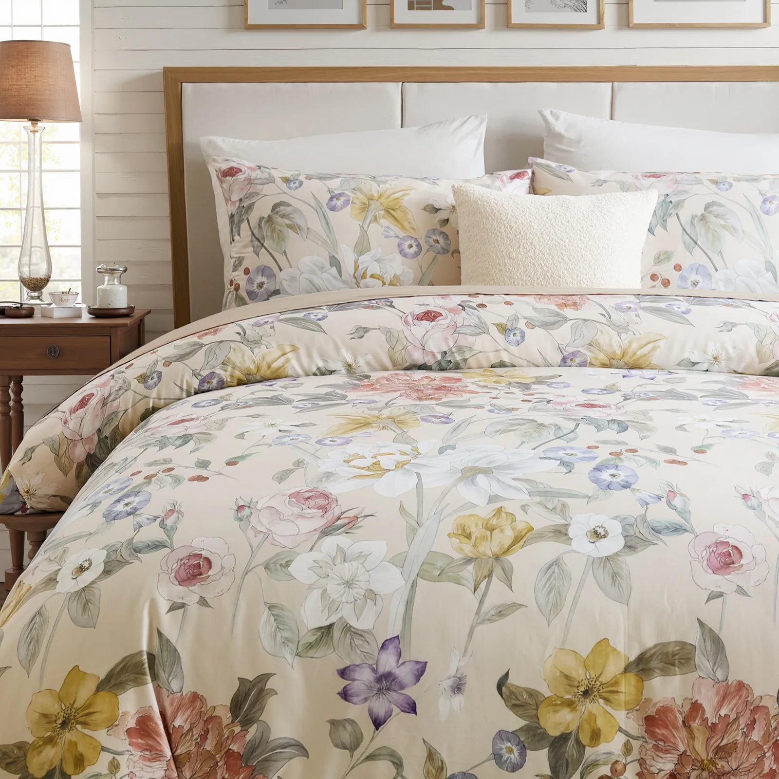A close-up shot of the comforter fabric showing the intricate floral design