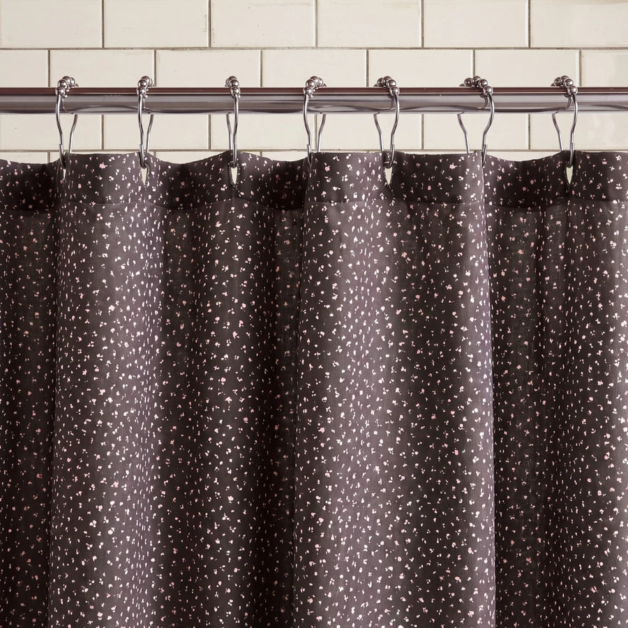 starlit bloom shower curtain dark grey metal rings rod close up
