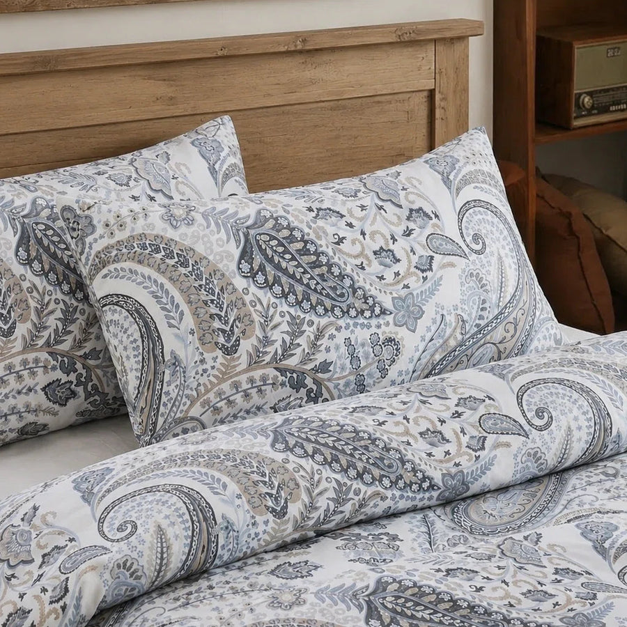 sterling heritage grey paisley pillow shams symmetrical flat lay