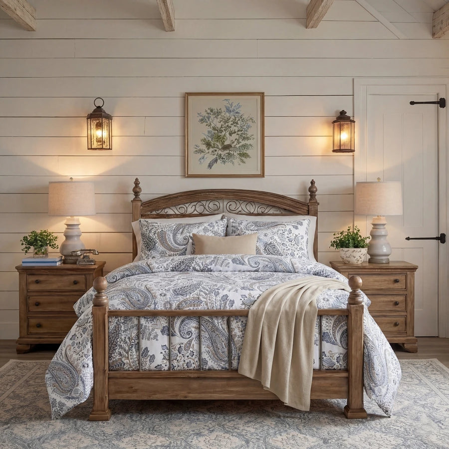 full frontal display of the intricate blue and tan paisley duvet set in a modern farmhouse bedroom