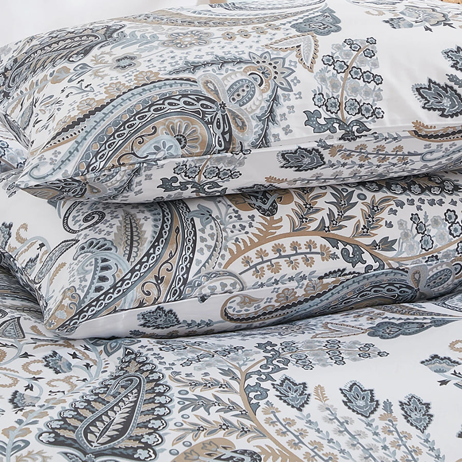 macro view of the detailed paisley scrolls on 100 percent natural cotton fabric