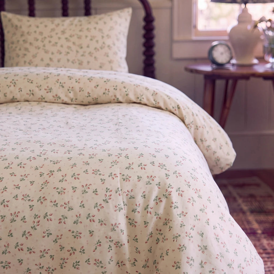 strawberry bramble comforter set cream pink fluffy duvet nightstand