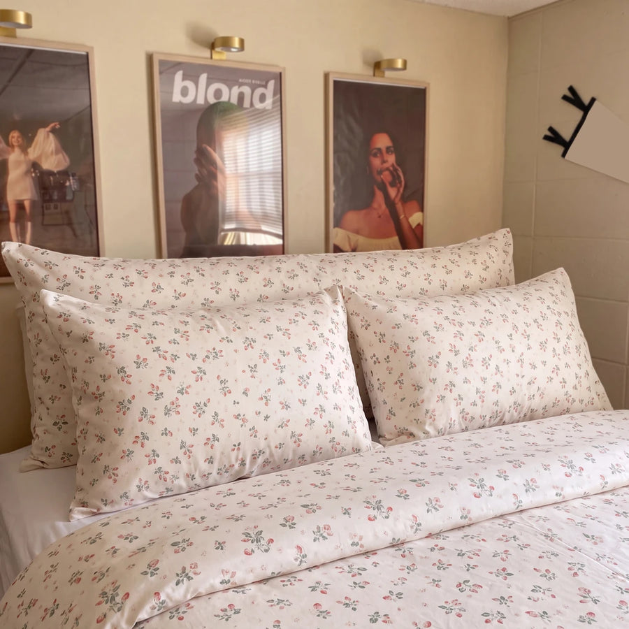 strawberry bramble pillowcases cream yellow botanical print bedroom overview