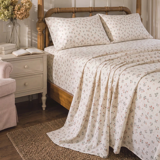 strawberry bramble sheet set vintage eclectic bedroom scene