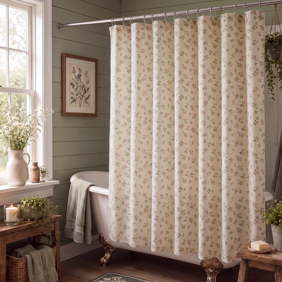 strawberry bramble shower curtain cream sage green rustic bathroom