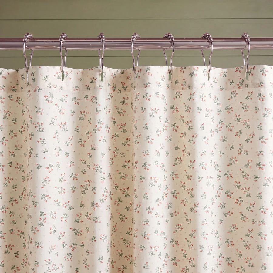 strawberry bramble shower curtain cream sage green wall metal rings