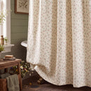 strawberry bramble shower curtain cream wooden bench sage green towels
