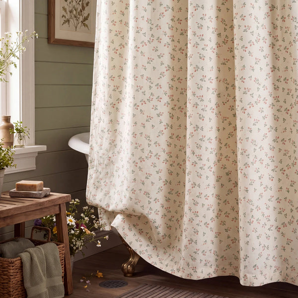 strawberry bramble shower curtain cream wooden bench sage green towels
