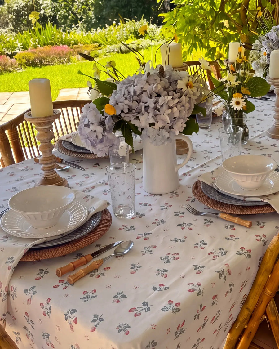 strawberry bramble tablecloth garden table setting