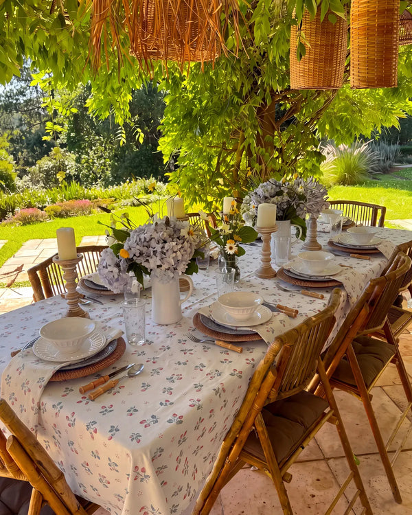 strawberry bramble tablecloth outdoor dining scene