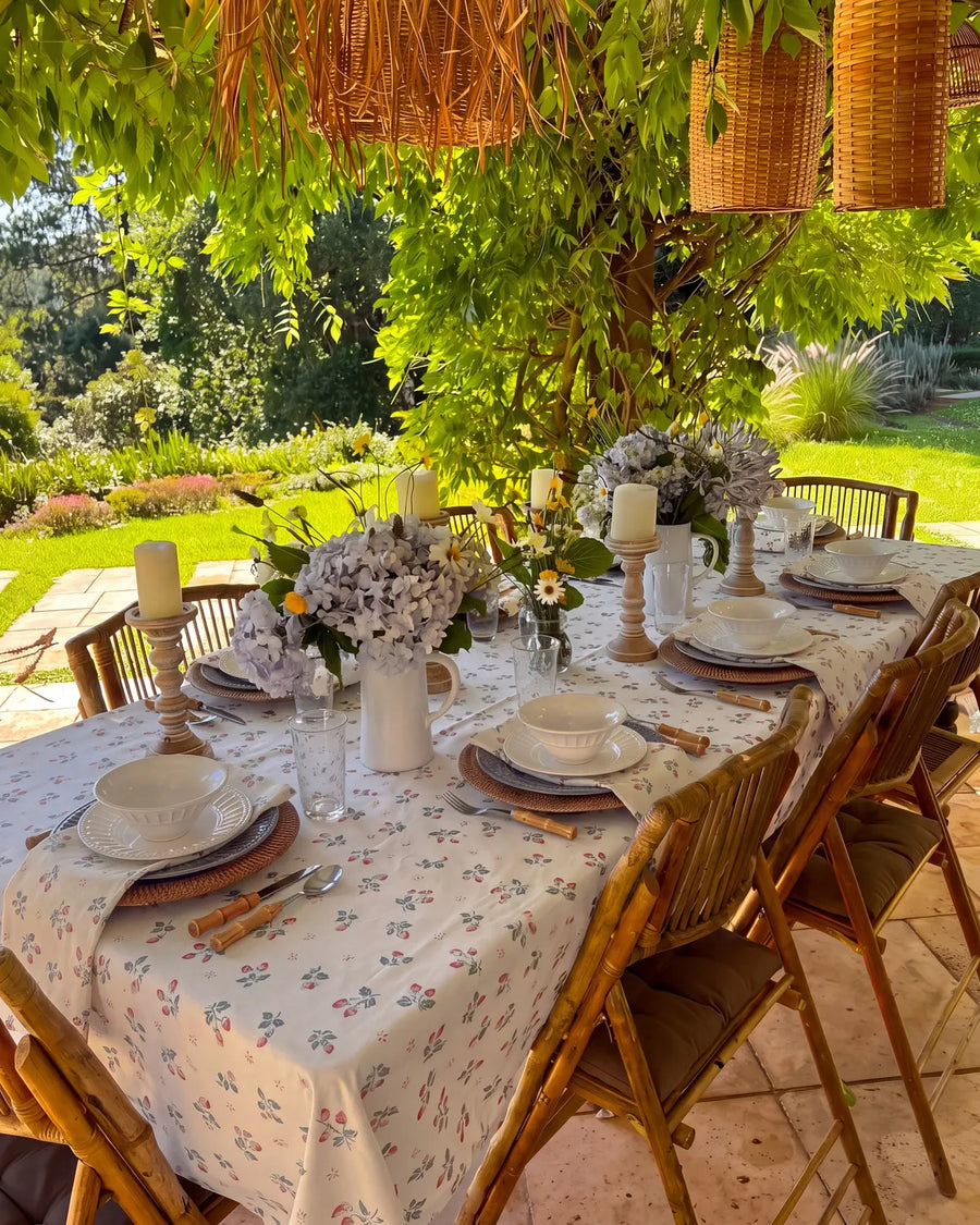 strawberry bramble tablecloth outdoor dining scene
