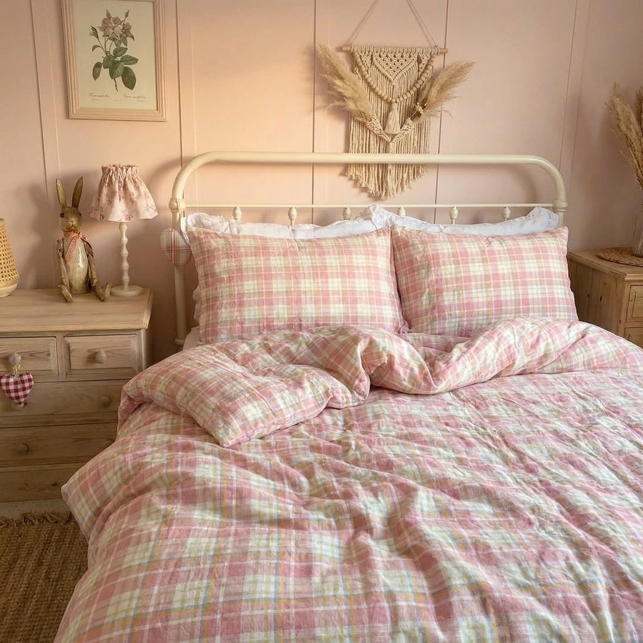 strawberry sundae nostalgic plaid duvet cover set pink check main