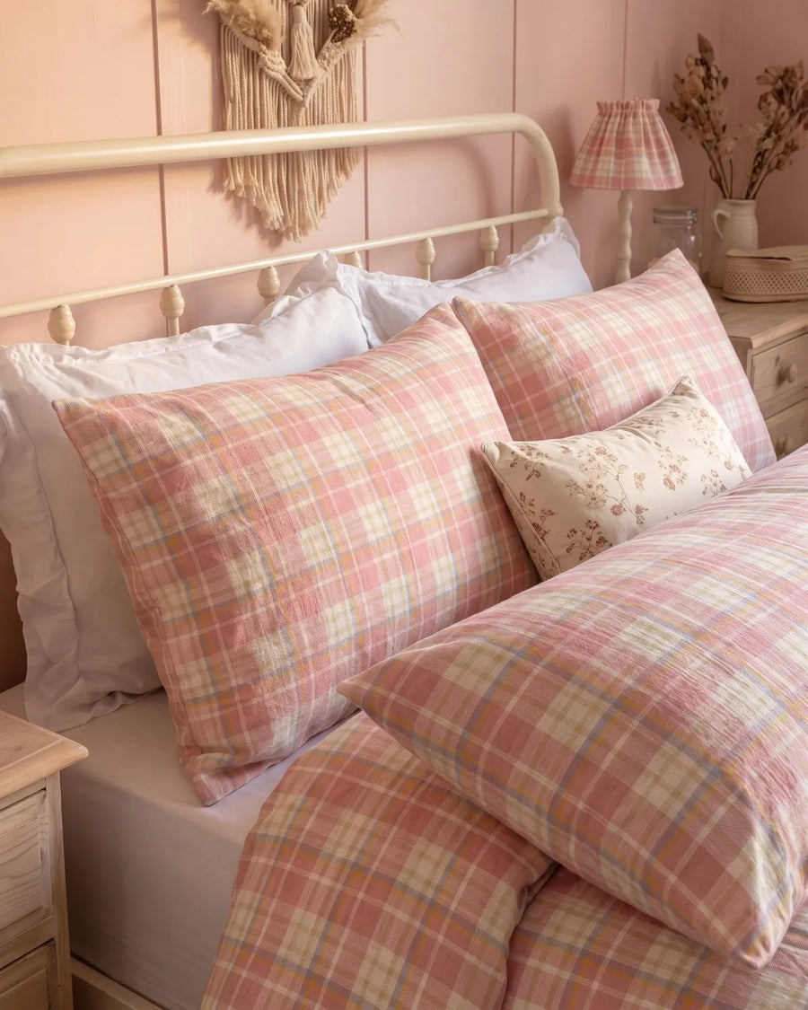 strawberry sundae nostalgic plaid pillowcases cozy cottage bedroom