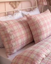 strawberry sundae nostalgic plaid pillowcases pastel pink bedroom styling