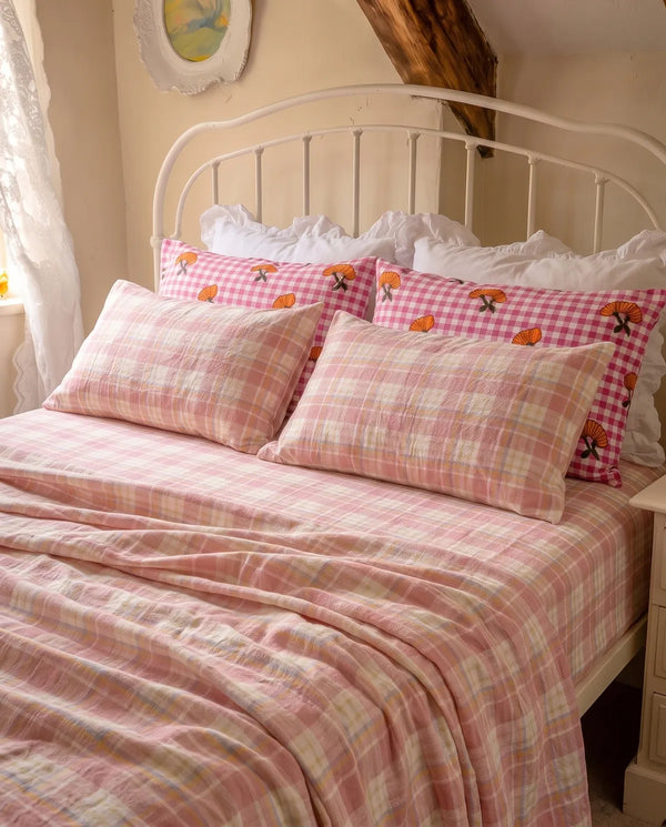 strawberry sundae nostalgic plaid sheet set pastel pink bedding