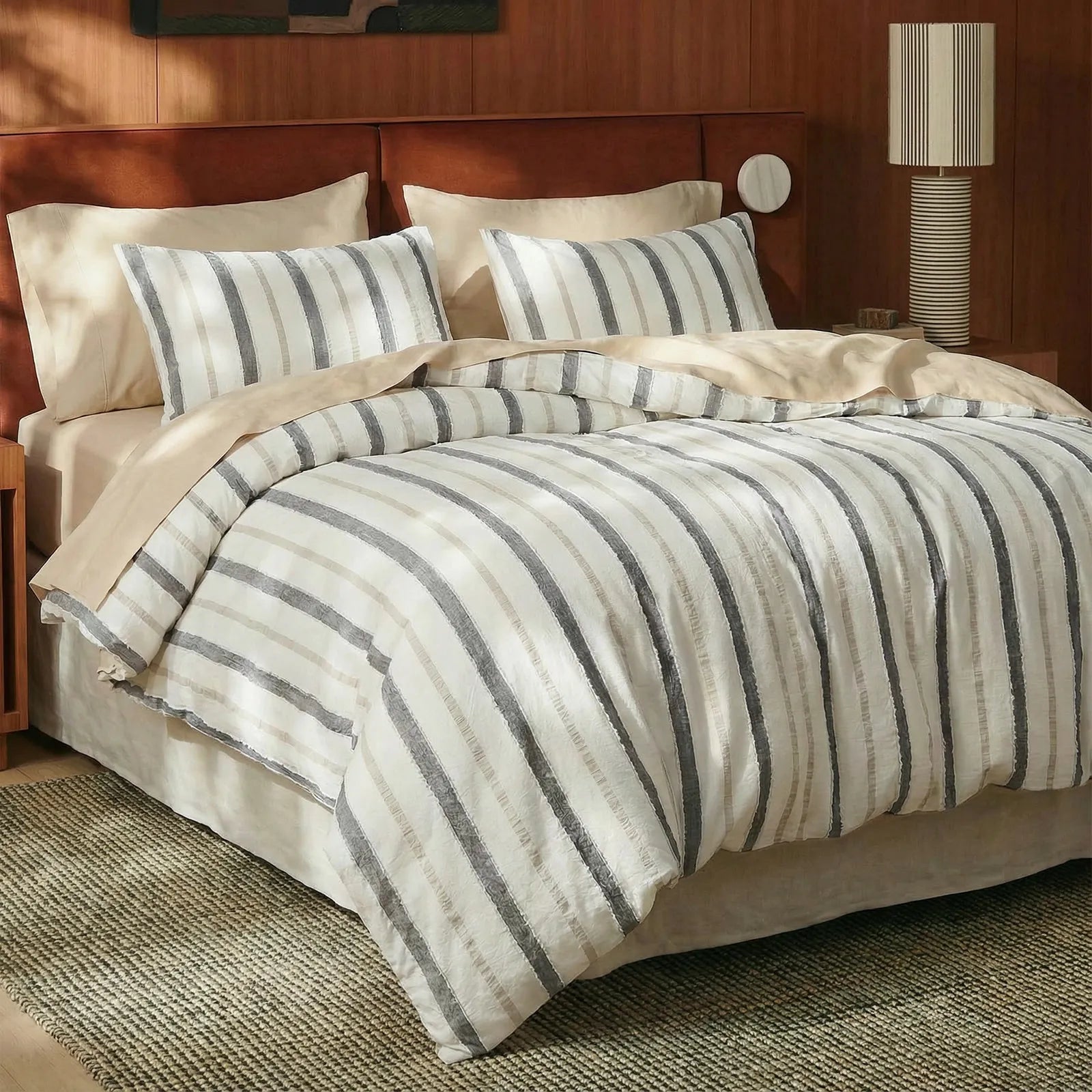 striped tufted duvet cover side angle view