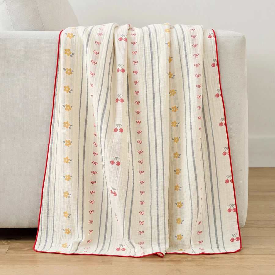 sunday patchwork muslin blanket cherry sunset red border cream sofa drape