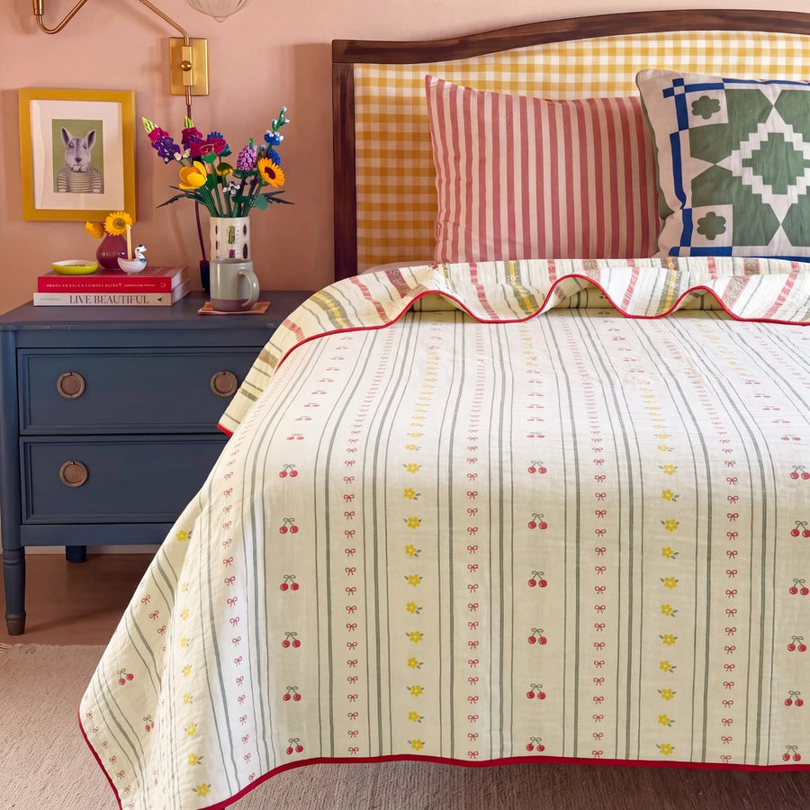 sunday patchwork muslin blanket cherry sunset retro bedroom yellow gingham headboard