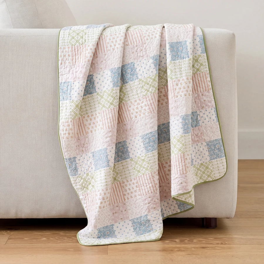 sunday patchwork muslin blanket rainbow patchwork green cream sofa drape
