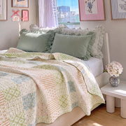 sunday patchwork muslin blanket rainbow patchwork green sage pillow bedroom