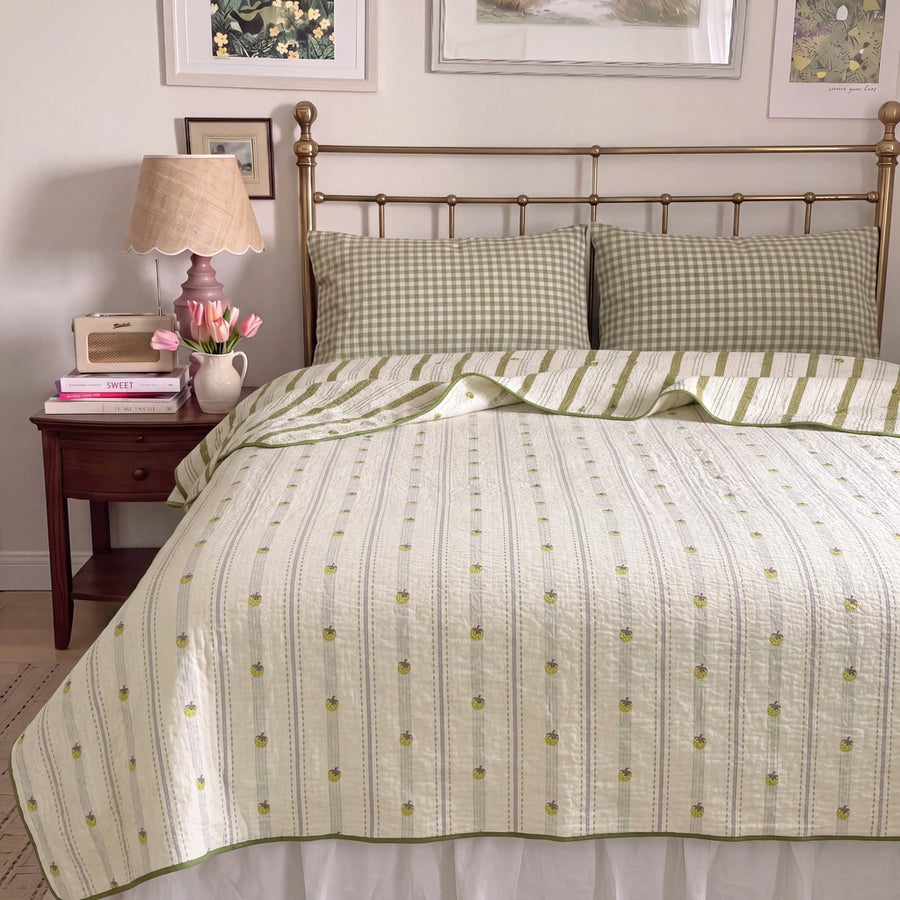 sunday patchwork muslin blanket strawberry green brass bed gingham pillow bedroom