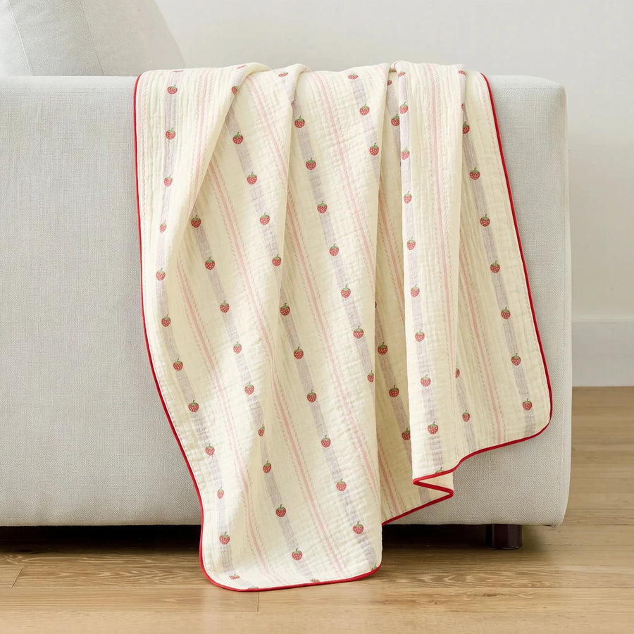 sunday patchwork muslin blanket strawberry pink red trim cream sofa drape