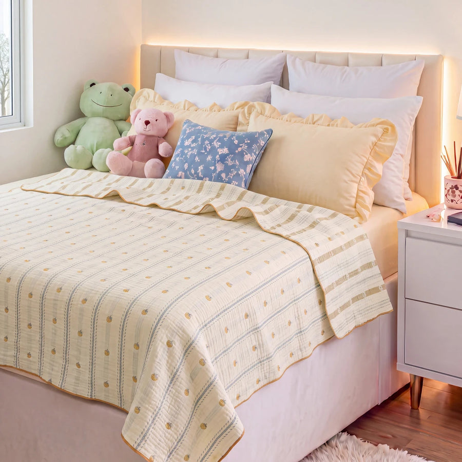 sunday patchwork muslin blanket strawberry yellow bedding yellow ruffle pillow