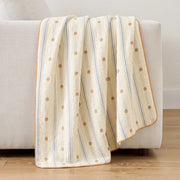 sunday patchwork muslin blanket strawberry yellow mustard trim cream sofa drape