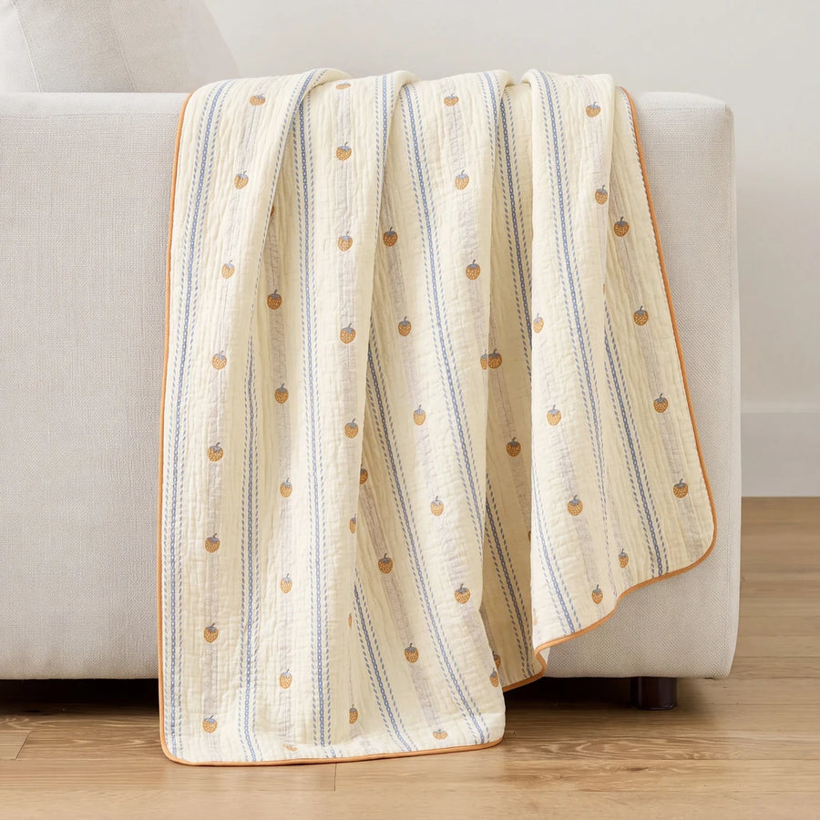 sunday patchwork muslin blanket strawberry yellow mustard trim cream sofa drape