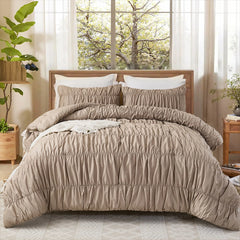 Taupe crinkle cotton comforter front view with four pillows